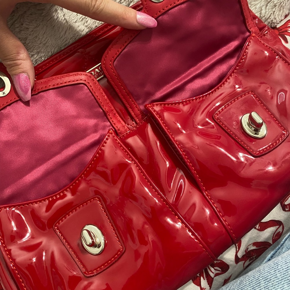Coach Red Patent Leather Quilted Shoulder Bag with Dual Front Pockets - Picture 5 of 10